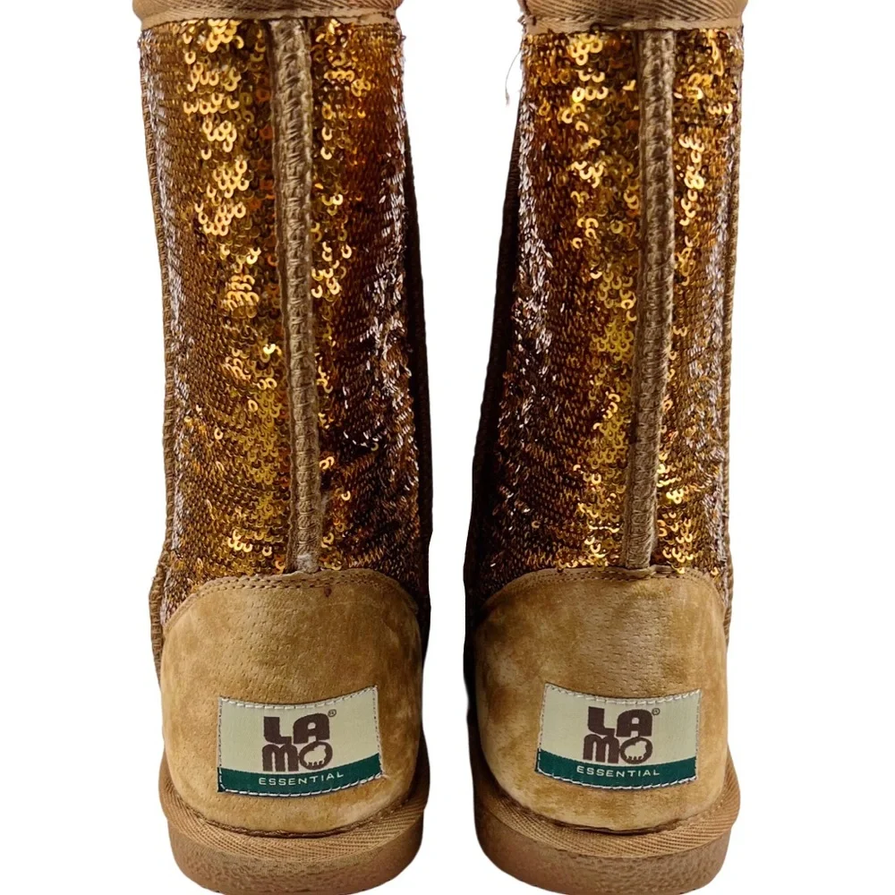 Lamo Asbery Tan Suede/Gold Glitter Pull On Boots Size 8